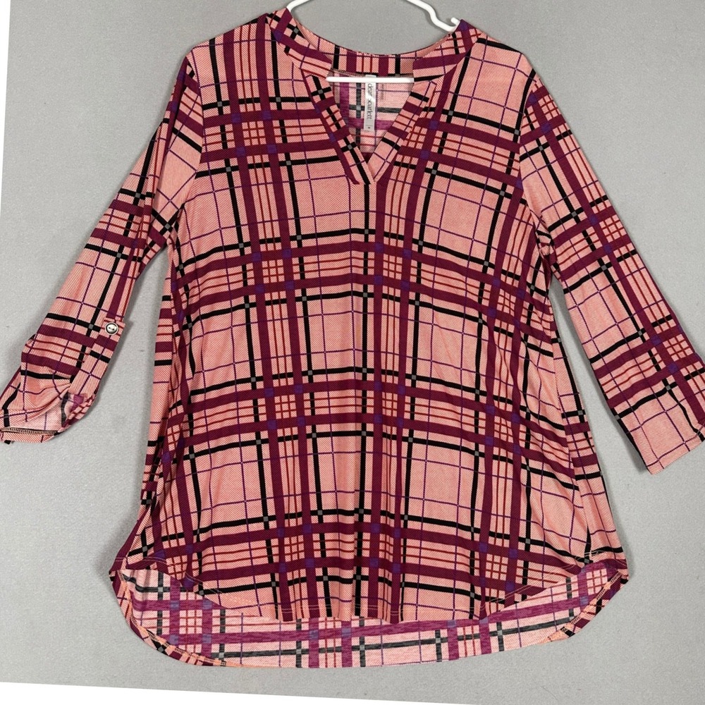 Dear Scarlett Tunic Top Womens Medium Plaid Pink Burgundy Roll Tab Sleeve EUC